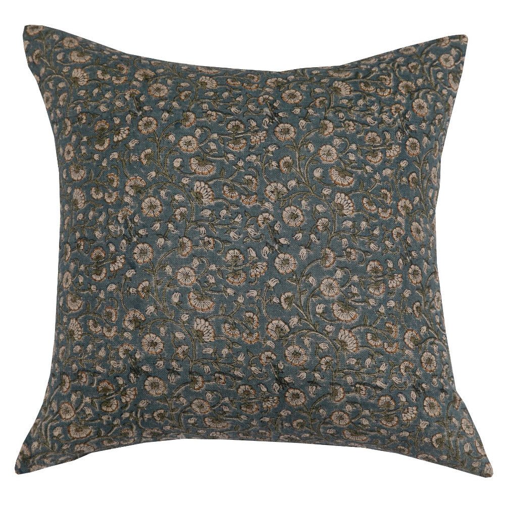 Inaya Linen Floral Throw Pillow Cover, Teal