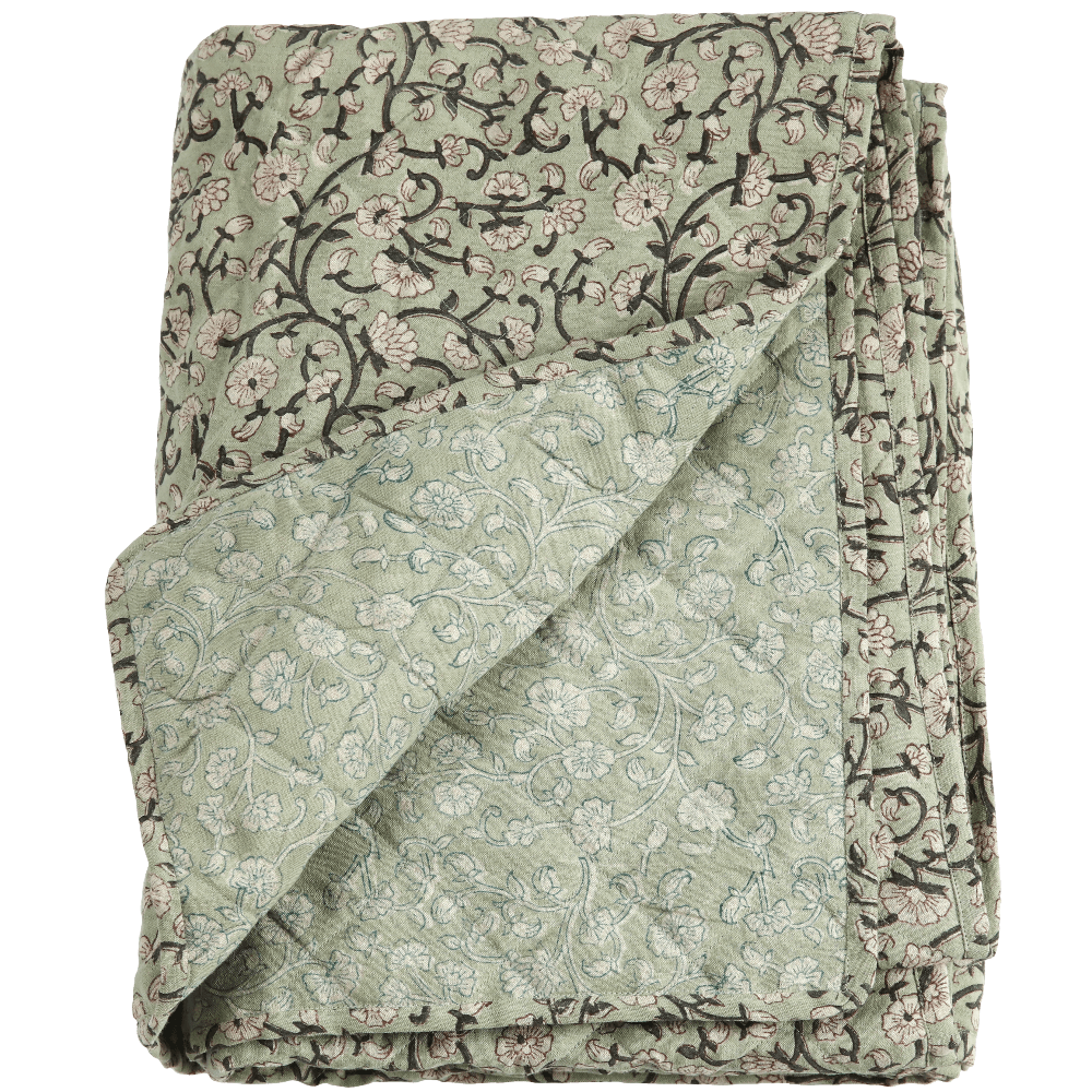 Keya Linen & Cotton Block Print Quilted Coverlet