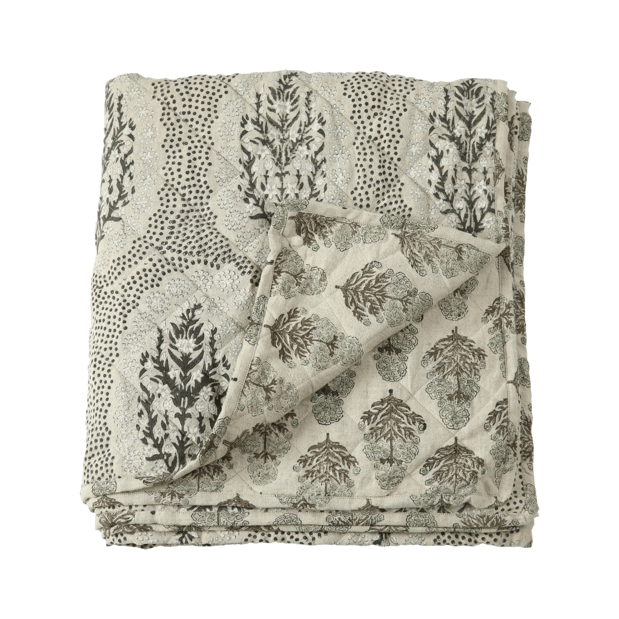 Fleur Linen & Cotton Block Print Quilted Coverlet