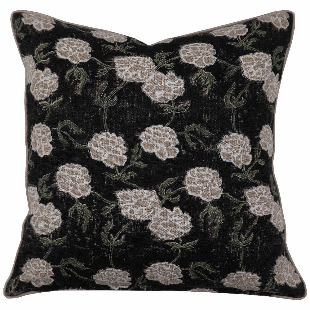 Maria Linen Floral Throw Pillow Cover, Noir