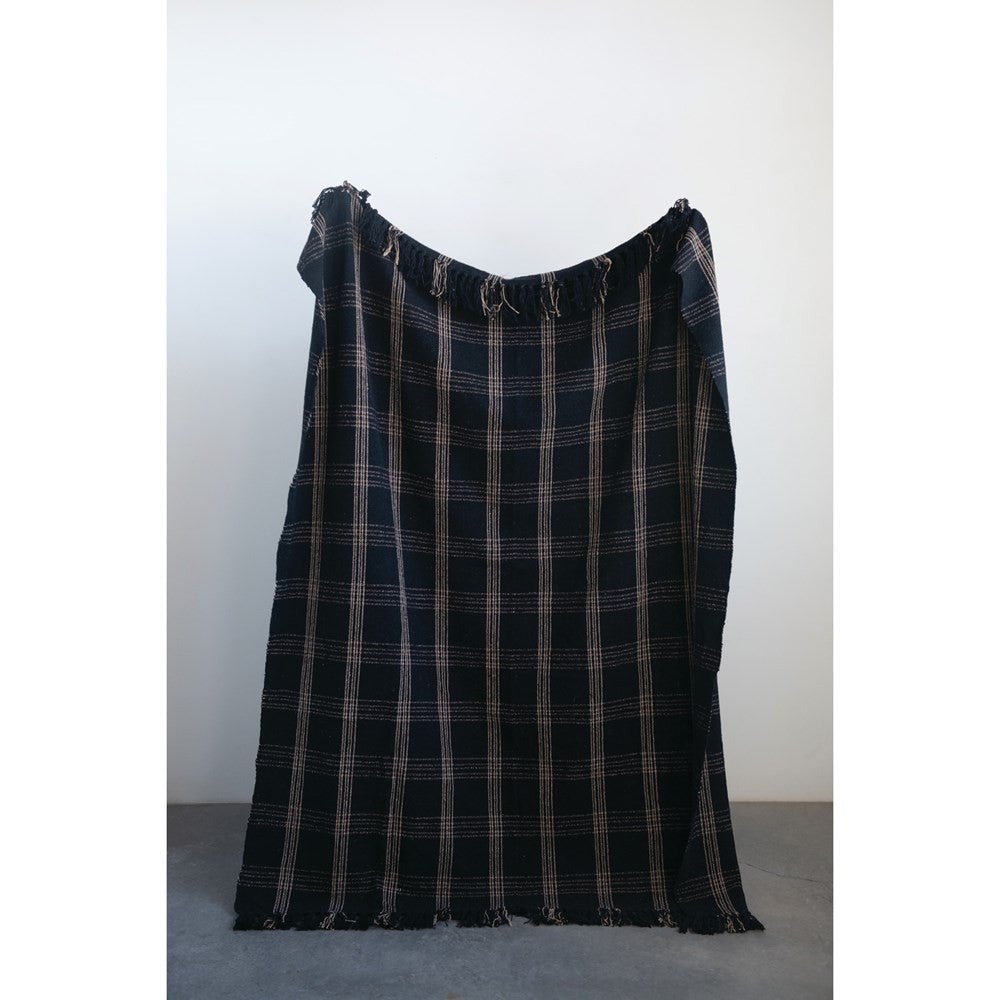 Woven Cotton Blend Throw Blanket with Fringe, Black & Tan Plaid