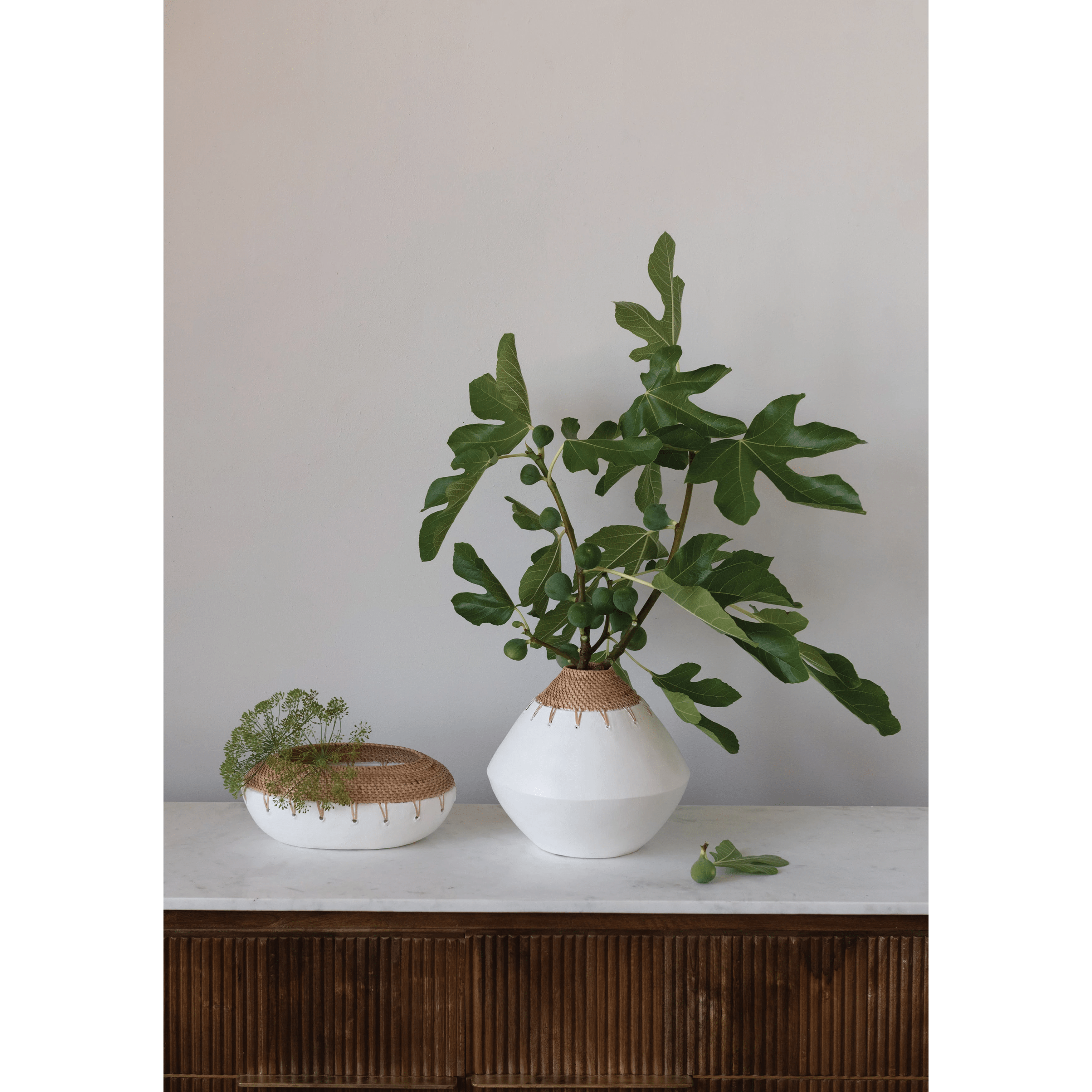 Handmade Terracotta Planter with Hand - Woven Rattan Stitching