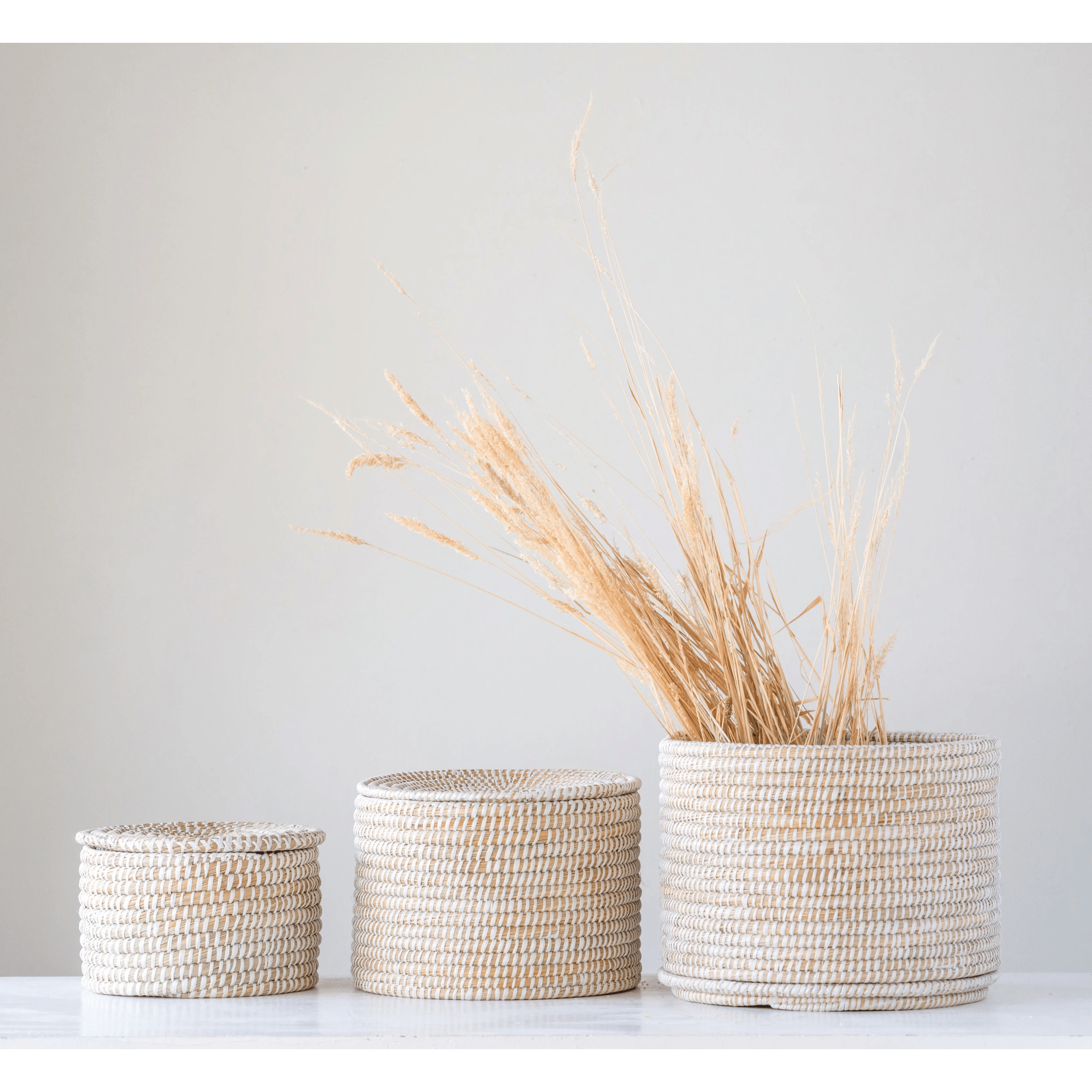 White Woven Seagrass Baskets with Lids, Set of 3