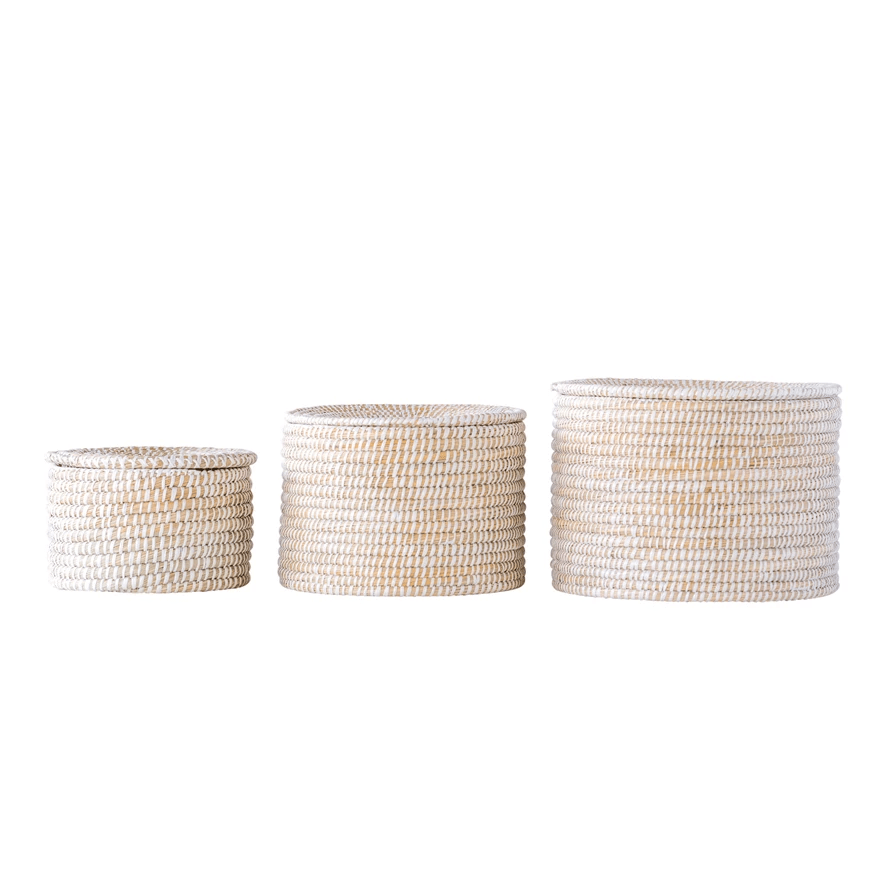 White Woven Seagrass Baskets with Lids, Set of 3