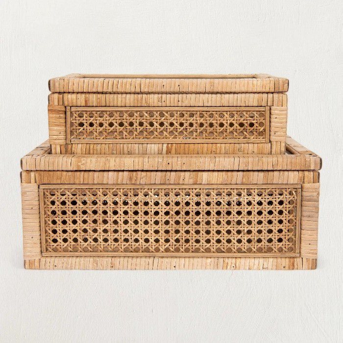 Woven Rattan & Wood Display Boxes with Glass Lid, Set of 2