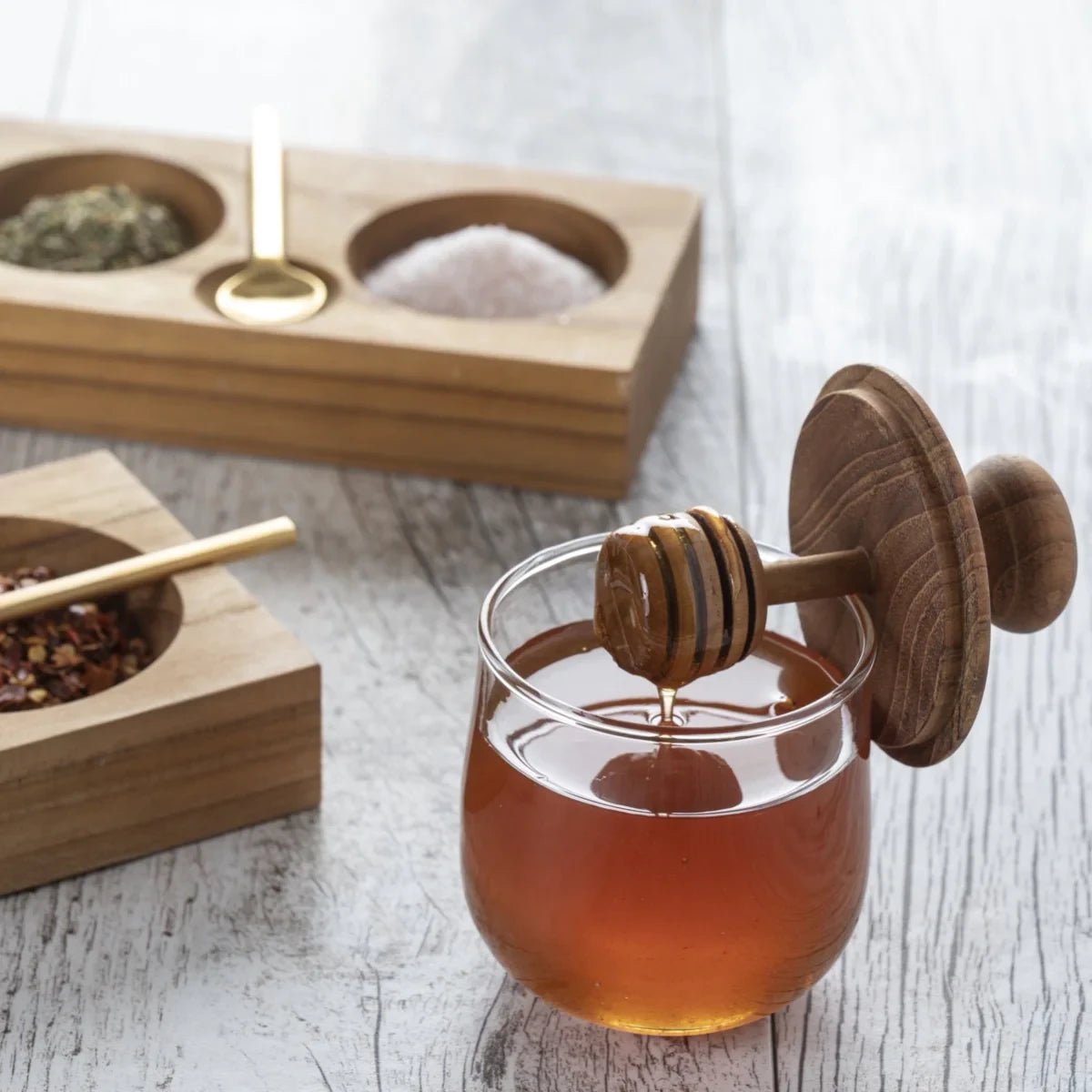 Mini Teak & Glass Honey Jar