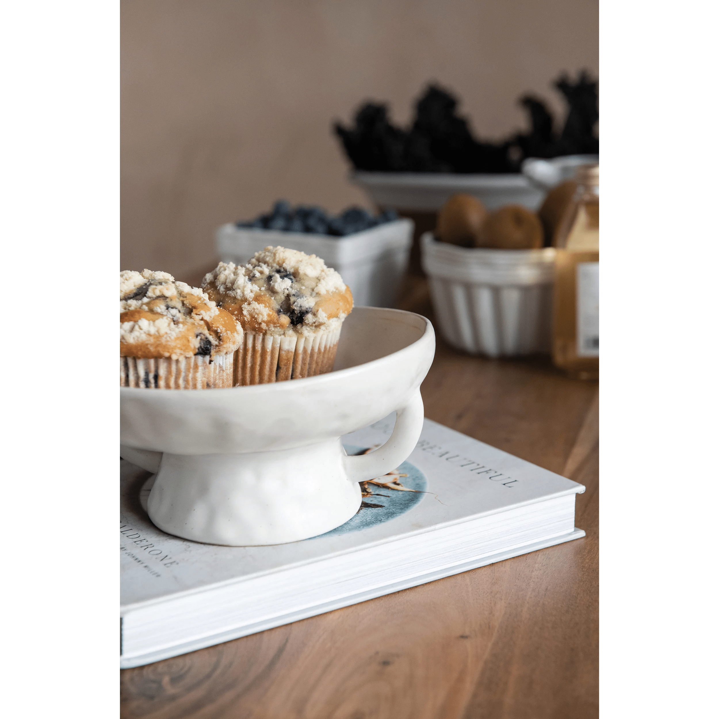 Stoneware Footed Pedestal Bowl, Reactive Glaze