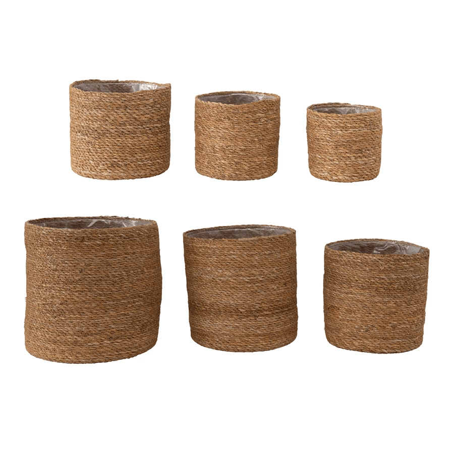 Hand - Woven Baskets / Planters with Plastic Lining, Set of 6