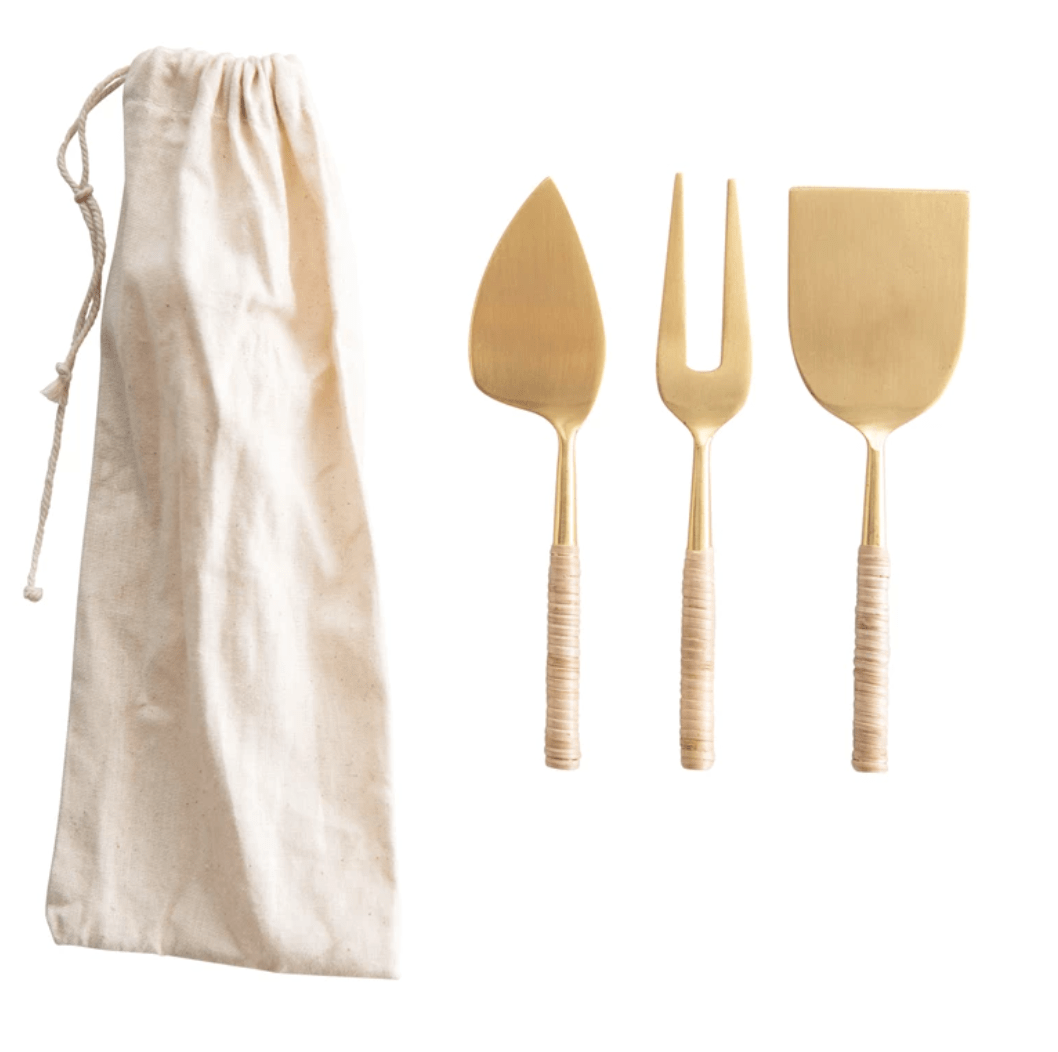 Cheese Servers with Rattan Handles, Set of 3