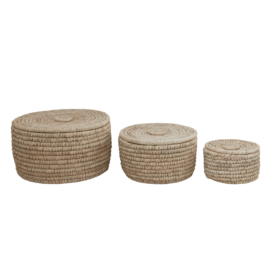 Hand - Woven Storage Baskets with Lids, Set of 3