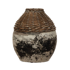 Hand - Woven Rattan & Clay Vase, Distressed