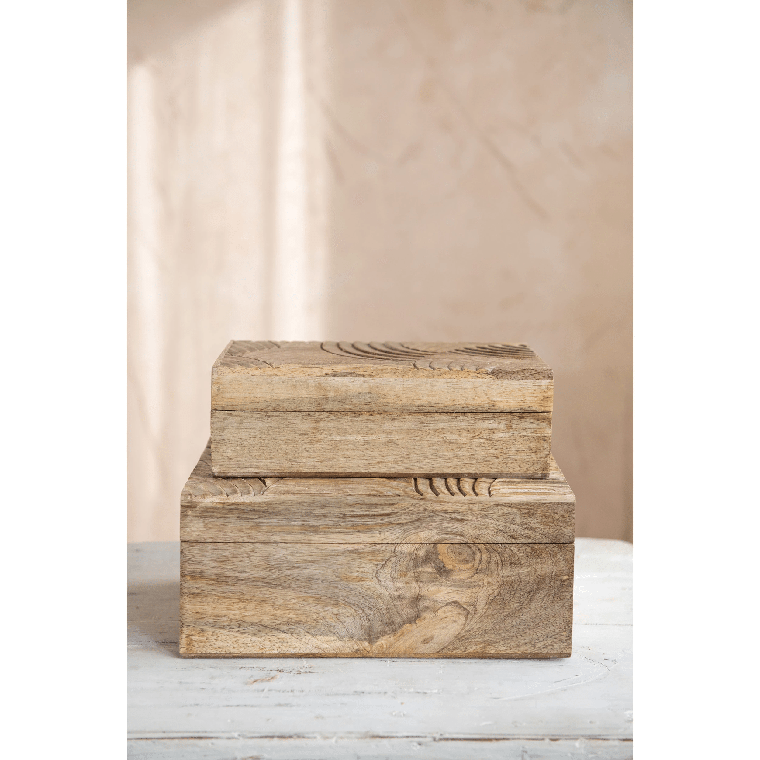 Hand - Carved Mango Wood Storage Boxes, Set of 2