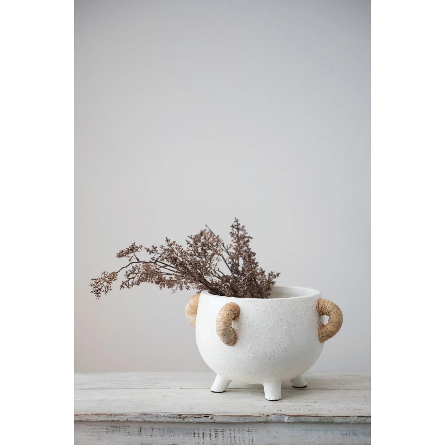 White Terracotta Planter with Rattan Handles