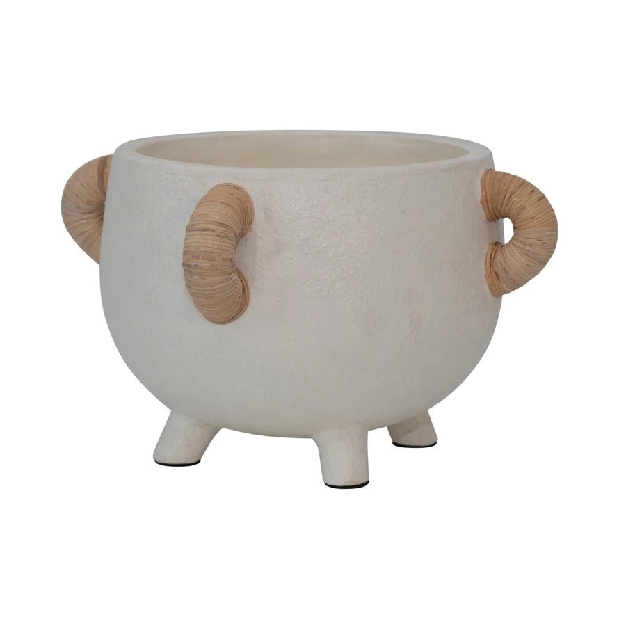 White Terracotta Planter with Rattan Handles