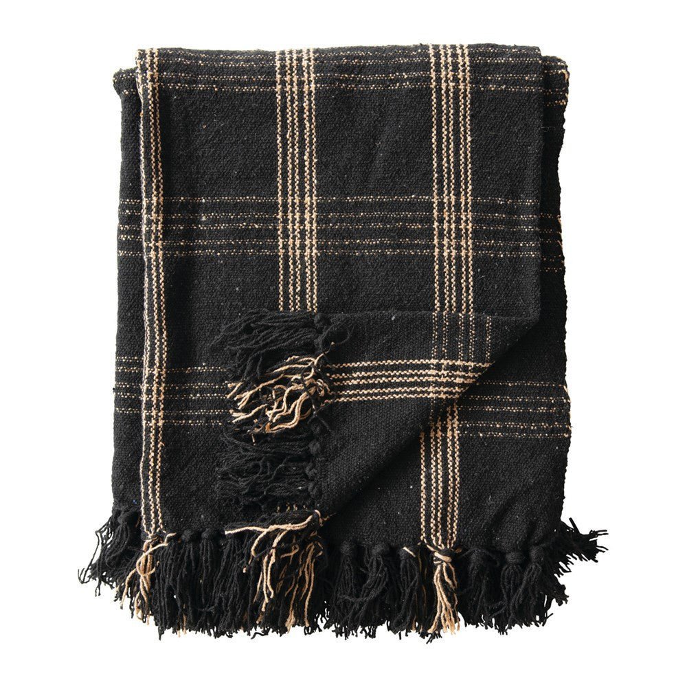 Woven Cotton Blend Throw Blanket with Fringe, Black & Tan Plaid